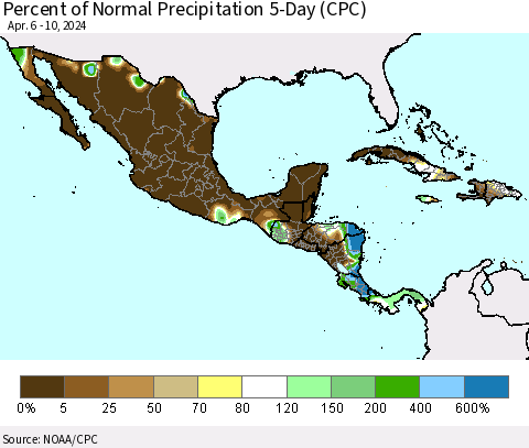 Mexico Central America and the Caribbean Percent of Normal Precipitation 5-Day (CPC) Thematic Map For 4/6/2024 - 4/10/2024