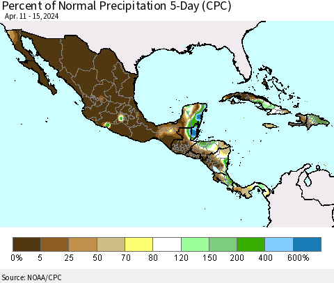 Mexico Central America and the Caribbean Percent of Normal Precipitation 5-Day (CPC) Thematic Map For 4/11/2024 - 4/15/2024