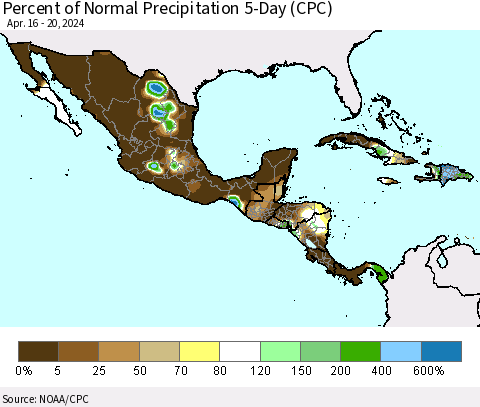 Mexico Central America and the Caribbean Percent of Normal Precipitation 5-Day (CPC) Thematic Map For 4/16/2024 - 4/20/2024