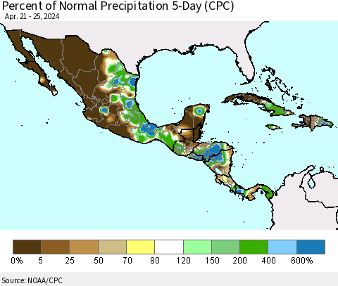 Mexico Central America and the Caribbean Percent of Normal Precipitation 5-Day (CPC) Thematic Map For 4/21/2024 - 4/25/2024