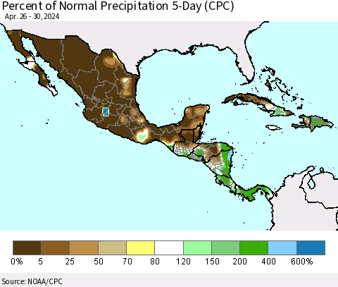 Mexico Central America and the Caribbean Percent of Normal Precipitation 5-Day (CPC) Thematic Map For 4/26/2024 - 4/30/2024