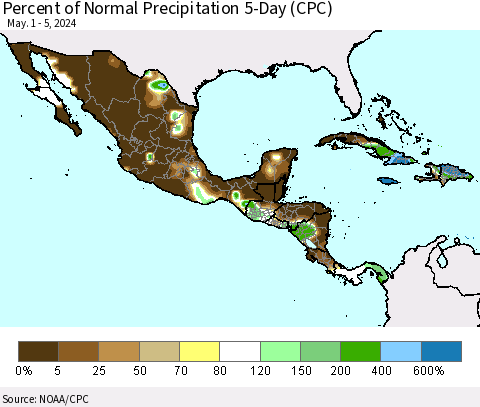 Mexico Central America and the Caribbean Percent of Normal Precipitation 5-Day (CPC) Thematic Map For 5/1/2024 - 5/5/2024