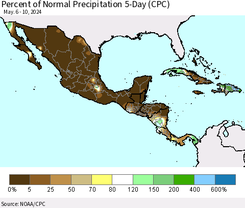 Mexico Central America and the Caribbean Percent of Normal Precipitation 5-Day (CPC) Thematic Map For 5/6/2024 - 5/10/2024