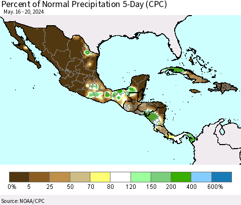 Mexico Central America and the Caribbean Percent of Normal Precipitation 5-Day (CPC) Thematic Map For 5/16/2024 - 5/20/2024