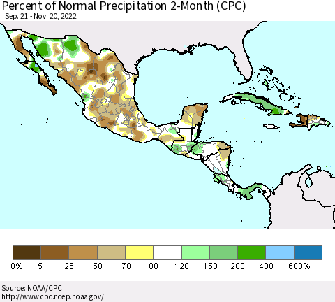 Mexico Central America and the Caribbean Percent of Normal Precipitation 2-Month (CPC) Thematic Map For 9/21/2022 - 11/20/2022
