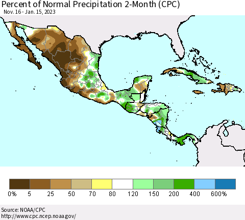 Mexico Central America and the Caribbean Percent of Normal Precipitation 2-Month (CPC) Thematic Map For 11/16/2022 - 1/15/2023