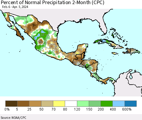 Mexico Central America and the Caribbean Percent of Normal Precipitation 2-Month (CPC) Thematic Map For 2/6/2024 - 4/5/2024