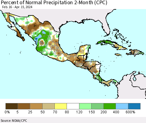Mexico Central America and the Caribbean Percent of Normal Precipitation 2-Month (CPC) Thematic Map For 2/16/2024 - 4/15/2024