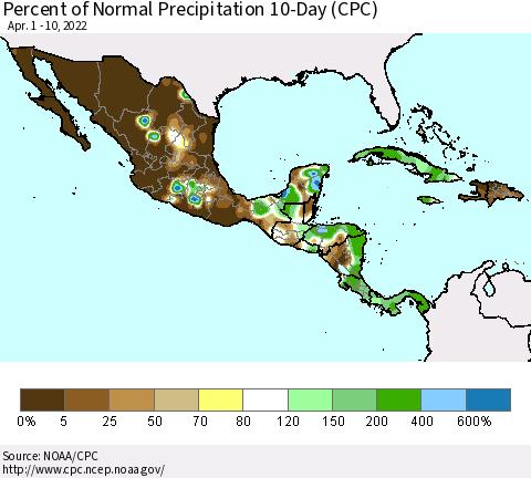 Mexico Central America and the Caribbean Percent of Normal Precipitation 10-Day (CPC) Thematic Map For 4/1/2022 - 4/10/2022