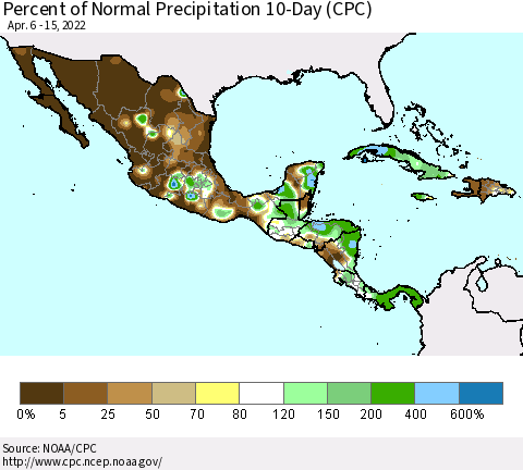 Mexico Central America and the Caribbean Percent of Normal Precipitation 10-Day (CPC) Thematic Map For 4/6/2022 - 4/15/2022