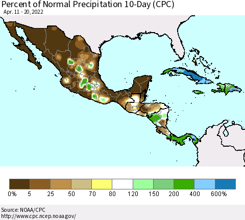 Mexico Central America and the Caribbean Percent of Normal Precipitation 10-Day (CPC) Thematic Map For 4/11/2022 - 4/20/2022