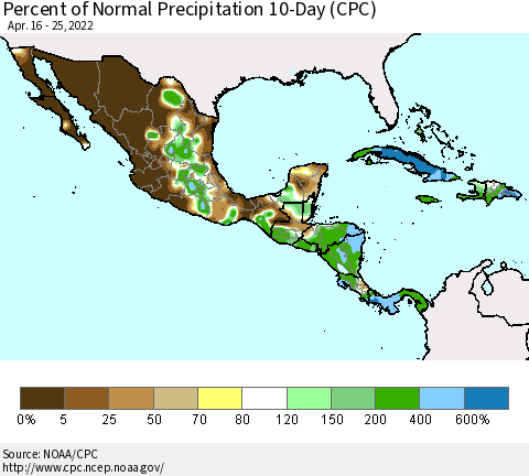 Mexico Central America and the Caribbean Percent of Normal Precipitation 10-Day (CPC) Thematic Map For 4/16/2022 - 4/25/2022