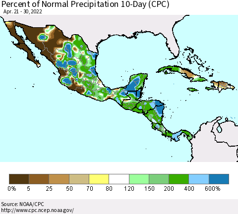 Mexico Central America and the Caribbean Percent of Normal Precipitation 10-Day (CPC) Thematic Map For 4/21/2022 - 4/30/2022