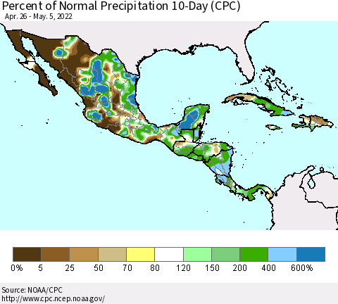 Mexico Central America and the Caribbean Percent of Normal Precipitation 10-Day (CPC) Thematic Map For 4/26/2022 - 5/5/2022