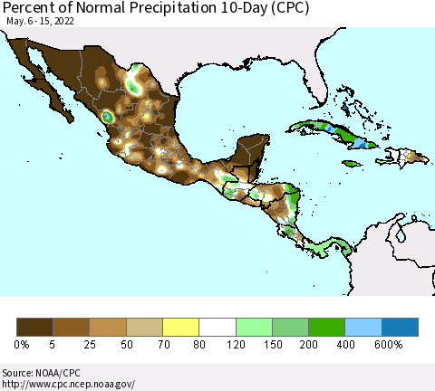 Mexico Central America and the Caribbean Percent of Normal Precipitation 10-Day (CPC) Thematic Map For 5/6/2022 - 5/15/2022
