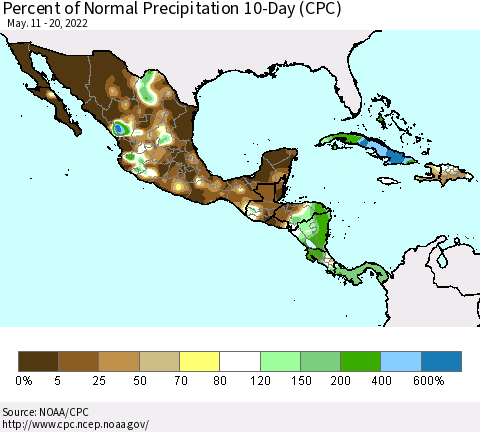 Mexico Central America and the Caribbean Percent of Normal Precipitation 10-Day (CPC) Thematic Map For 5/11/2022 - 5/20/2022