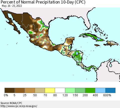 Mexico Central America and the Caribbean Percent of Normal Precipitation 10-Day (CPC) Thematic Map For 5/16/2022 - 5/25/2022