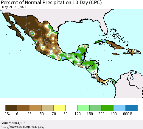 Mexico Central America and the Caribbean Percent of Normal Precipitation 10-Day (CPC) Thematic Map For 5/21/2022 - 5/31/2022