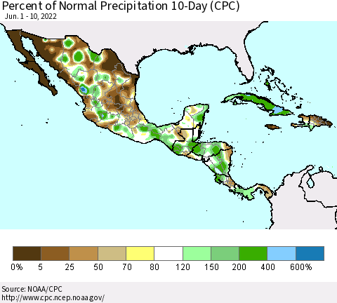 Mexico Central America and the Caribbean Percent of Normal Precipitation 10-Day (CPC) Thematic Map For 6/1/2022 - 6/10/2022