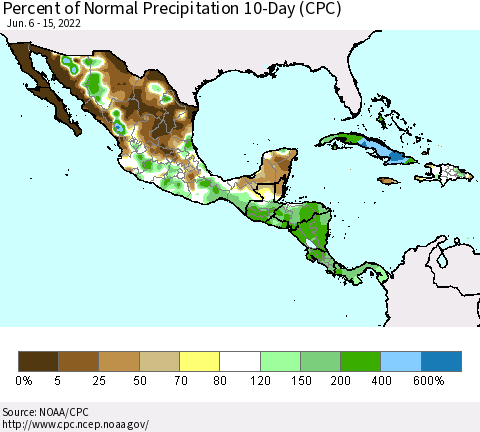Mexico Central America and the Caribbean Percent of Normal Precipitation 10-Day (CPC) Thematic Map For 6/6/2022 - 6/15/2022