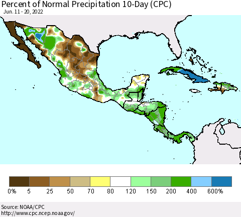 Mexico Central America and the Caribbean Percent of Normal Precipitation 10-Day (CPC) Thematic Map For 6/11/2022 - 6/20/2022