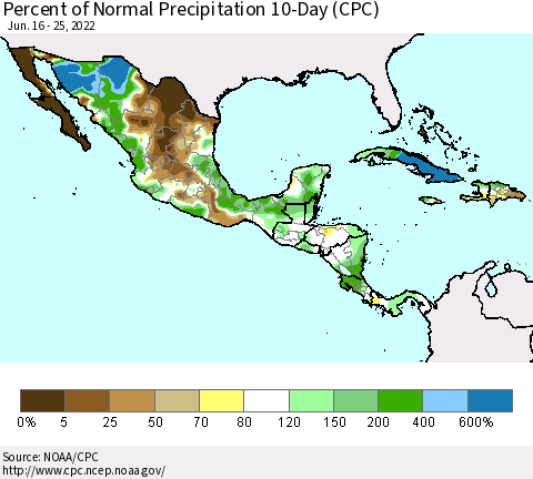 Mexico Central America and the Caribbean Percent of Normal Precipitation 10-Day (CPC) Thematic Map For 6/16/2022 - 6/25/2022