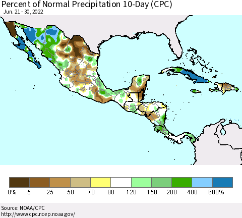 Mexico Central America and the Caribbean Percent of Normal Precipitation 10-Day (CPC) Thematic Map For 6/21/2022 - 6/30/2022