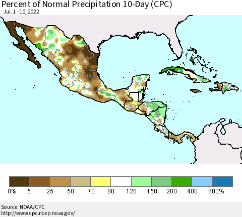 Mexico Central America and the Caribbean Percent of Normal Precipitation 10-Day (CPC) Thematic Map For 7/1/2022 - 7/10/2022