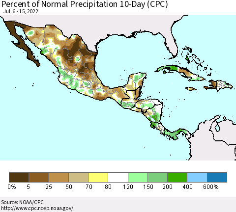 Mexico Central America and the Caribbean Percent of Normal Precipitation 10-Day (CPC) Thematic Map For 7/6/2022 - 7/15/2022