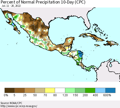 Mexico Central America and the Caribbean Percent of Normal Precipitation 10-Day (CPC) Thematic Map For 7/11/2022 - 7/20/2022
