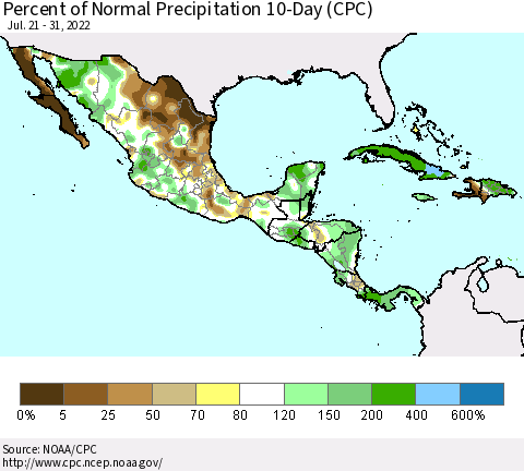 Mexico Central America and the Caribbean Percent of Normal Precipitation 10-Day (CPC) Thematic Map For 7/21/2022 - 7/31/2022