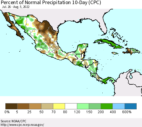 Mexico Central America and the Caribbean Percent of Normal Precipitation 10-Day (CPC) Thematic Map For 7/26/2022 - 8/5/2022