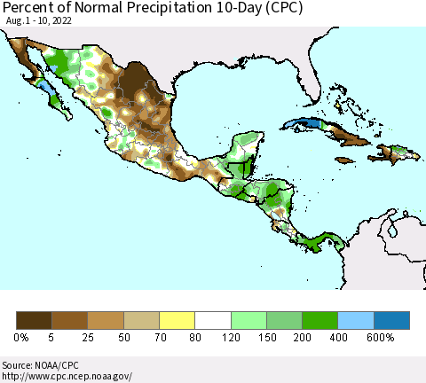 Mexico Central America and the Caribbean Percent of Normal Precipitation 10-Day (CPC) Thematic Map For 8/1/2022 - 8/10/2022