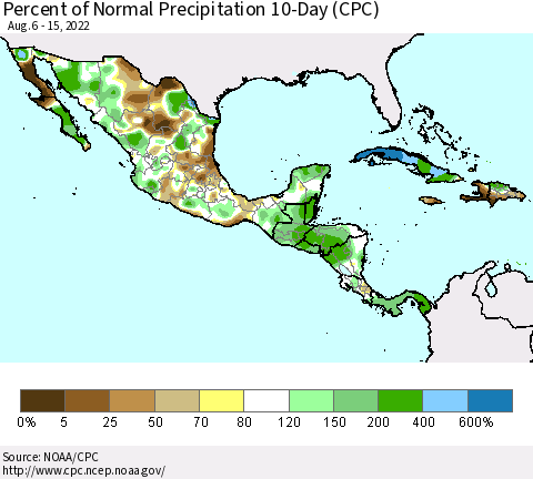 Mexico Central America and the Caribbean Percent of Normal Precipitation 10-Day (CPC) Thematic Map For 8/6/2022 - 8/15/2022