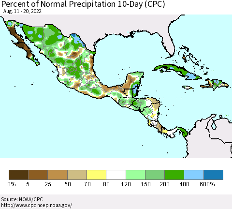 Mexico Central America and the Caribbean Percent of Normal Precipitation 10-Day (CPC) Thematic Map For 8/11/2022 - 8/20/2022