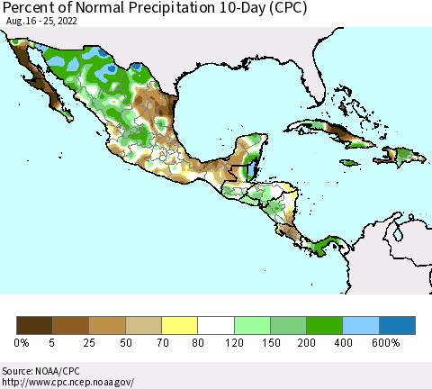 Mexico Central America and the Caribbean Percent of Normal Precipitation 10-Day (CPC) Thematic Map For 8/16/2022 - 8/25/2022