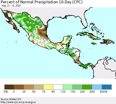 Mexico Central America and the Caribbean Percent of Normal Precipitation 10-Day (CPC) Thematic Map For 8/21/2022 - 8/31/2022