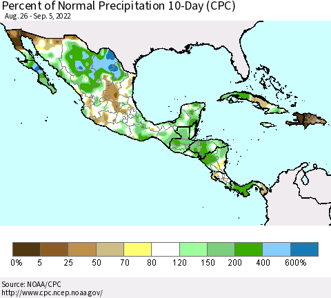 Mexico Central America and the Caribbean Percent of Normal Precipitation 10-Day (CPC) Thematic Map For 8/26/2022 - 9/5/2022