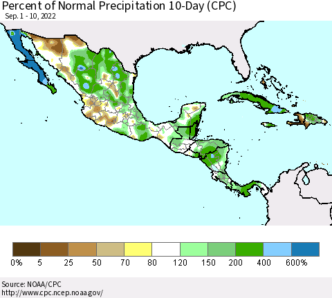 Mexico Central America and the Caribbean Percent of Normal Precipitation 10-Day (CPC) Thematic Map For 9/1/2022 - 9/10/2022