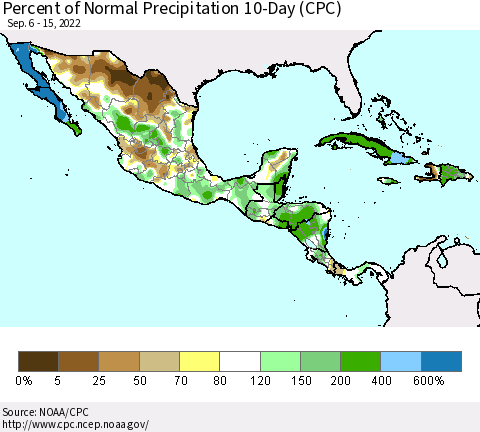 Mexico Central America and the Caribbean Percent of Normal Precipitation 10-Day (CPC) Thematic Map For 9/6/2022 - 9/15/2022