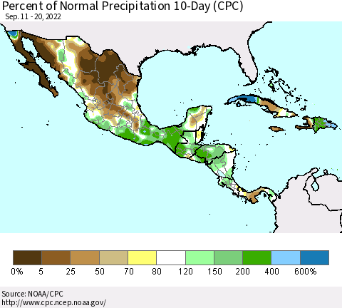 Mexico Central America and the Caribbean Percent of Normal Precipitation 10-Day (CPC) Thematic Map For 9/11/2022 - 9/20/2022