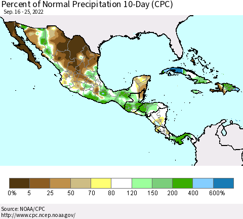 Mexico Central America and the Caribbean Percent of Normal Precipitation 10-Day (CPC) Thematic Map For 9/16/2022 - 9/25/2022