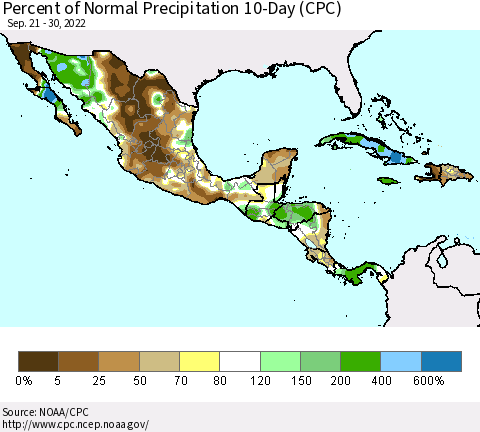 Mexico Central America and the Caribbean Percent of Normal Precipitation 10-Day (CPC) Thematic Map For 9/21/2022 - 9/30/2022