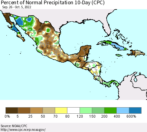 Mexico Central America and the Caribbean Percent of Normal Precipitation 10-Day (CPC) Thematic Map For 9/26/2022 - 10/5/2022