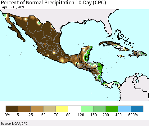Mexico Central America and the Caribbean Percent of Normal Precipitation 10-Day (CPC) Thematic Map For 4/6/2024 - 4/15/2024