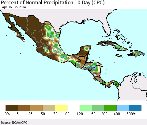 Mexico Central America and the Caribbean Percent of Normal Precipitation 10-Day (CPC) Thematic Map For 4/16/2024 - 4/25/2024
