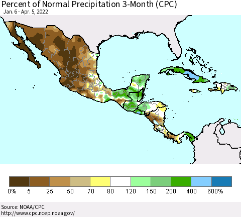Mexico Central America and the Caribbean Percent of Normal Precipitation 3-Month (CPC) Thematic Map For 1/6/2022 - 4/5/2022