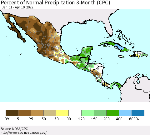 Mexico Central America and the Caribbean Percent of Normal Precipitation 3-Month (CPC) Thematic Map For 1/11/2022 - 4/10/2022