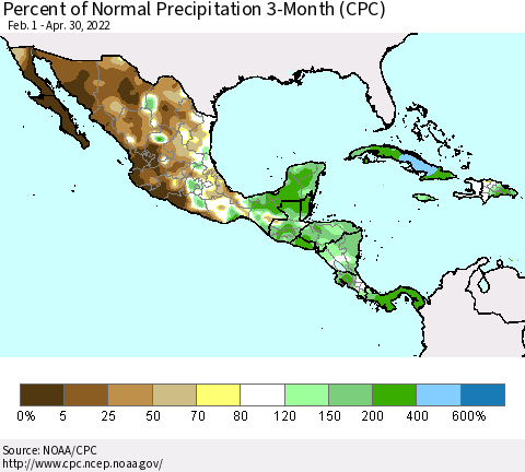 Mexico Central America and the Caribbean Percent of Normal Precipitation 3-Month (CPC) Thematic Map For 2/1/2022 - 4/30/2022