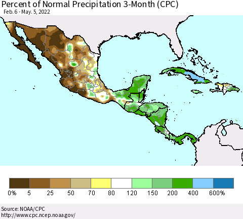 Mexico Central America and the Caribbean Percent of Normal Precipitation 3-Month (CPC) Thematic Map For 2/6/2022 - 5/5/2022